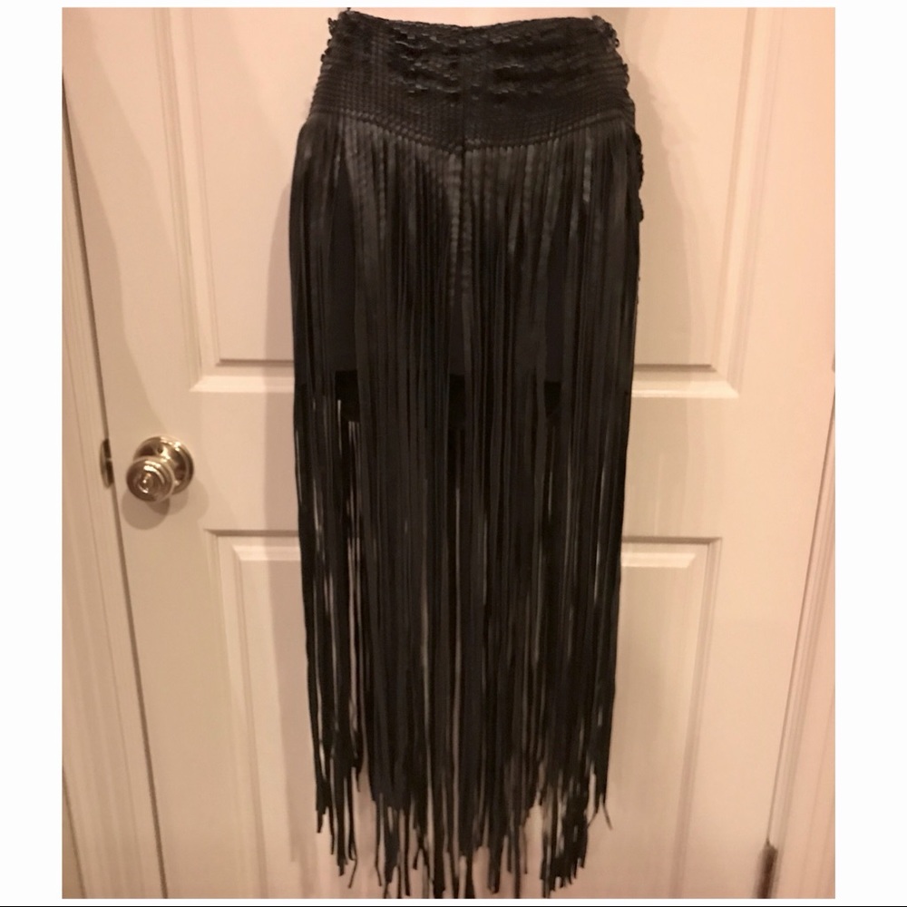 Rocker Chic Boho Woven Fringe Vegan Leather Skirt - Picture 3 of 4